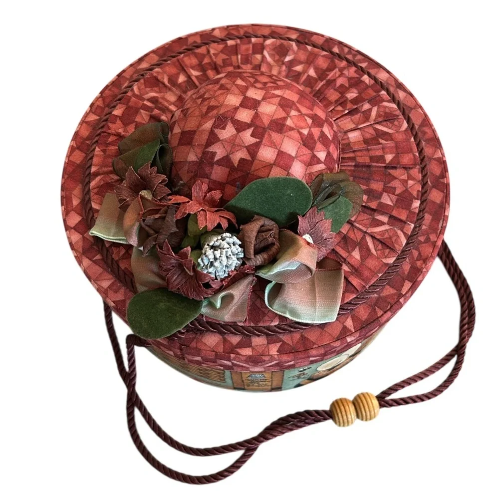 Vintage Fabric Covered Hat Box Shape Sewing Basket Organizer with Floral Accent